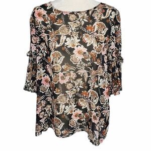 NEW IJEANS BY BUFFALO bell sleeve‎ top dark floral blouse XL